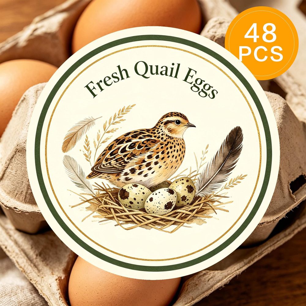 TEMU 48pcs Round Stickers, Watercolor Quail Bird Nest With Spotted Eggs And Feathers Design, Self-adhesive Tags For Egg Carton Labels, Farm Food