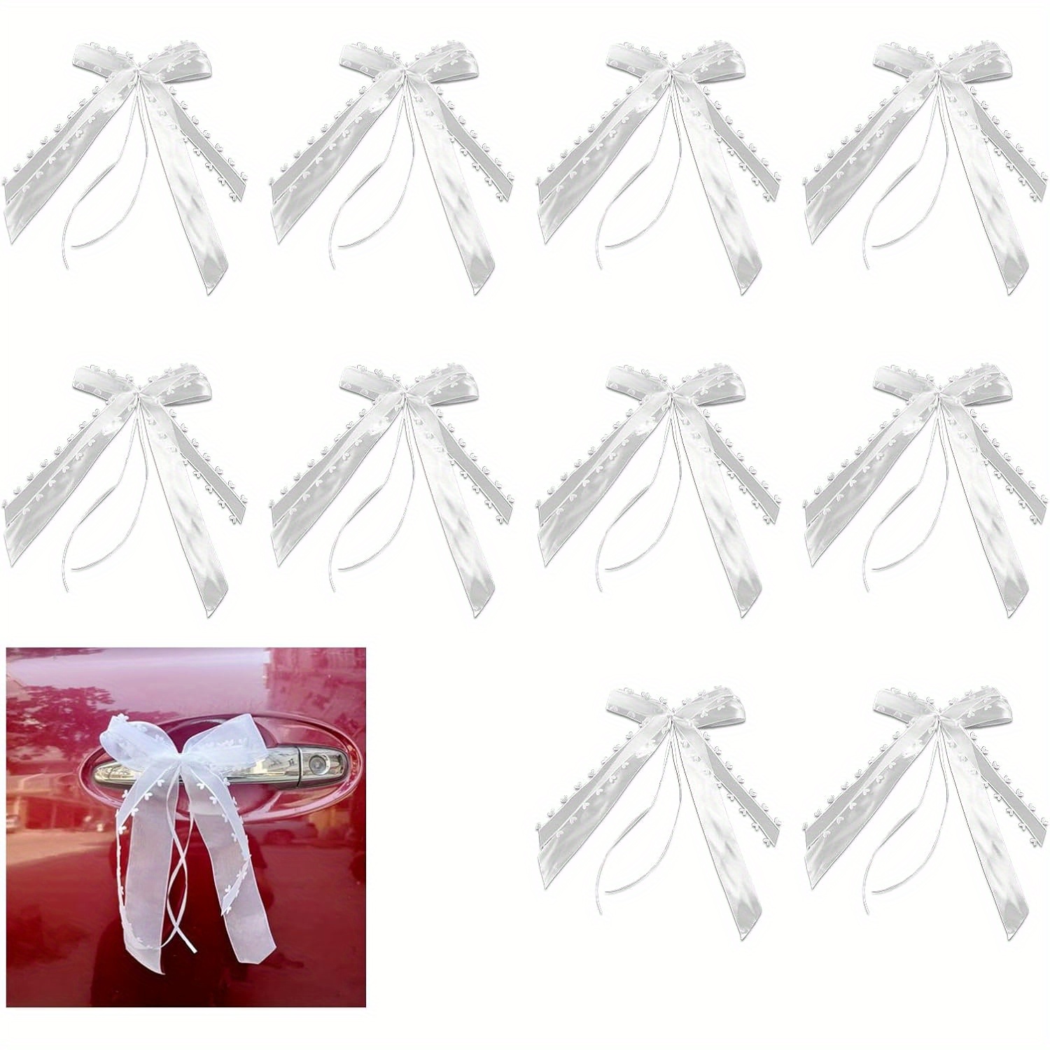 10 Car Decorations For Weddings, Wedding Car Decorations, Heart-shaped Lace Ribbon Bows For Cars, Wedding Kits For Married Couples, Party Decorations, Etc