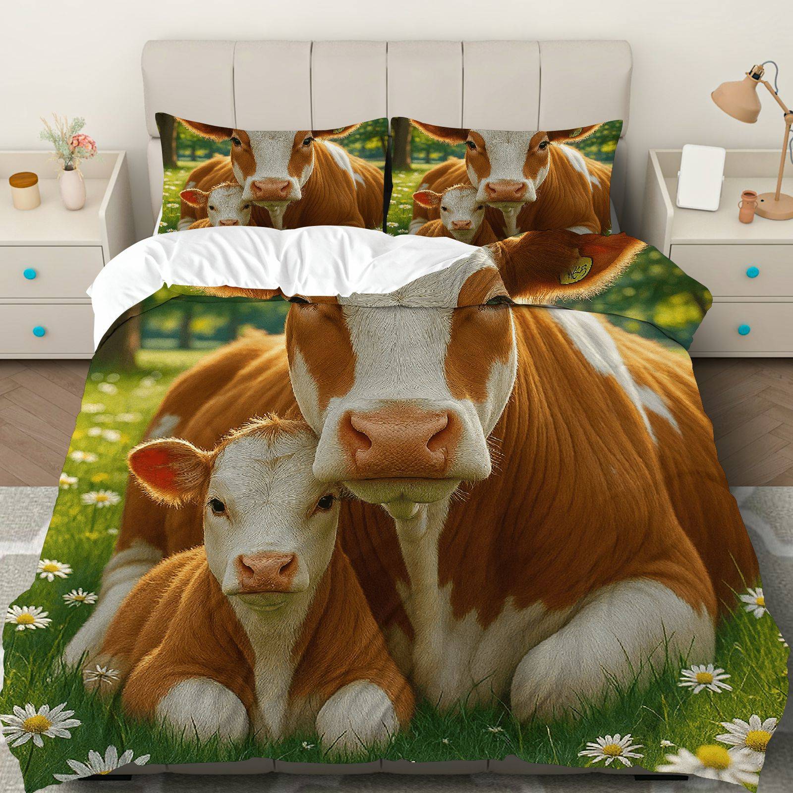 TEMU 3pcs Duvet Cover Set, 1 Duvet 2 Pillowcases( Without Filler), Cow Nature Rustic Theme, Thanksgiving Bedding Set, Animal Farmhouse Comforter