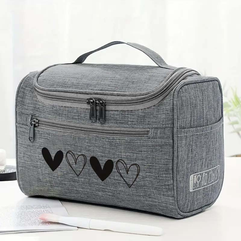 TEMU Heart Print Multi-compartment Toiletry Bag, Portable Hanging Travel Makeup Pouch, Large Capacity Cosmetic Organizer, Made Of Wear-resistant