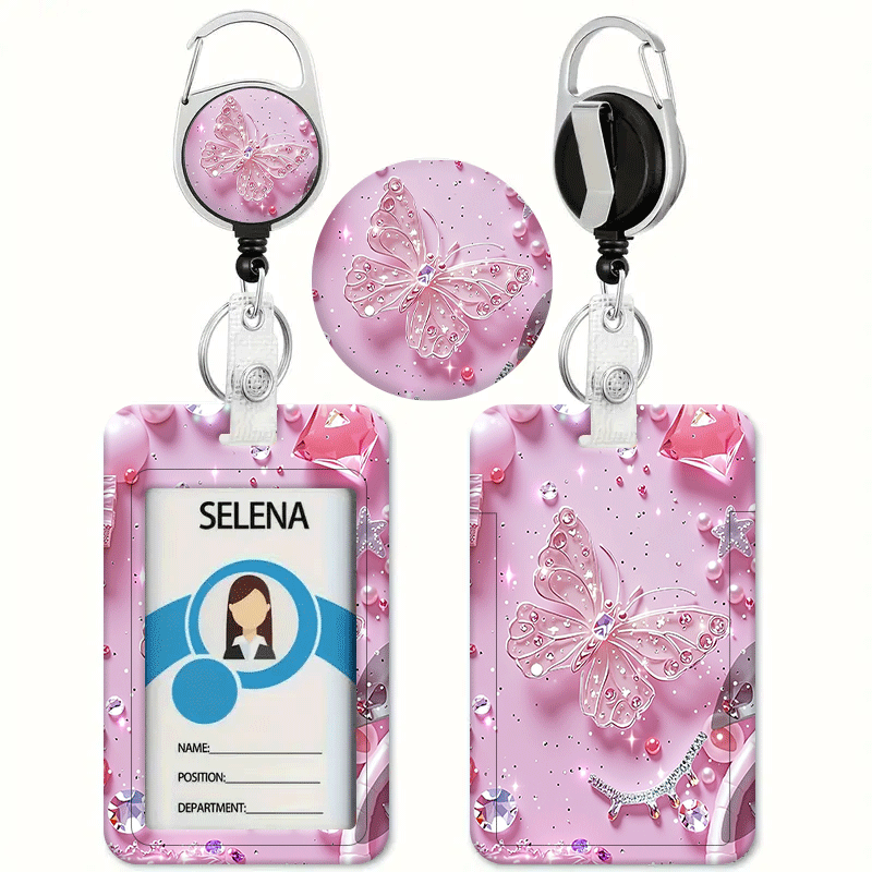 TEMU Porta badge con porta carte con clip retrattile e bobina per distintivo con motivo stampato a sognante con glitter rosa e strass - Porta badge