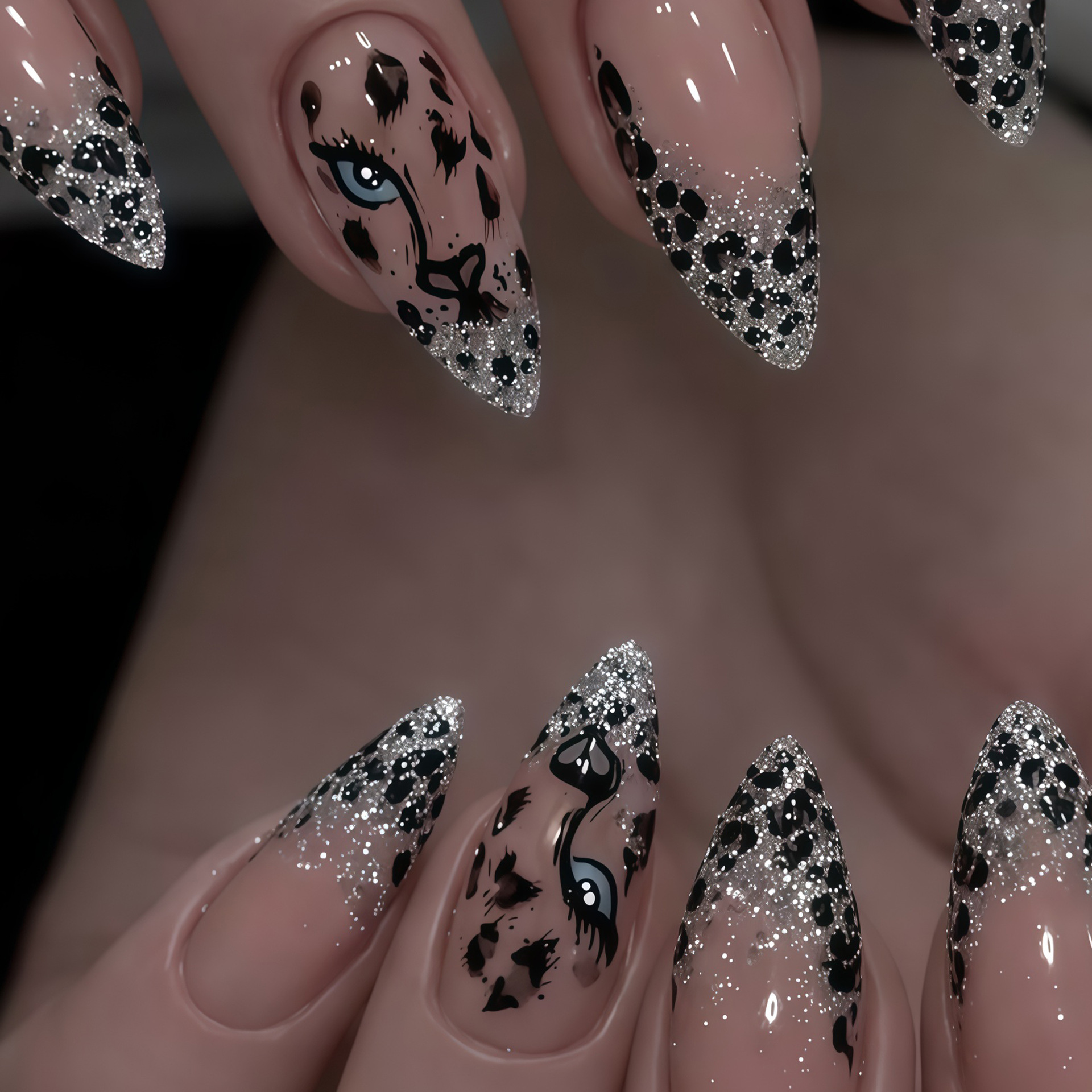 Image of 48pcs Two-piece Suit With Leopard Print French Sweet And Cool Leopard Pattern Almond Nail, Detachable - Including Jelly Glue And Nail Files, A Must-have Accessory For Parties