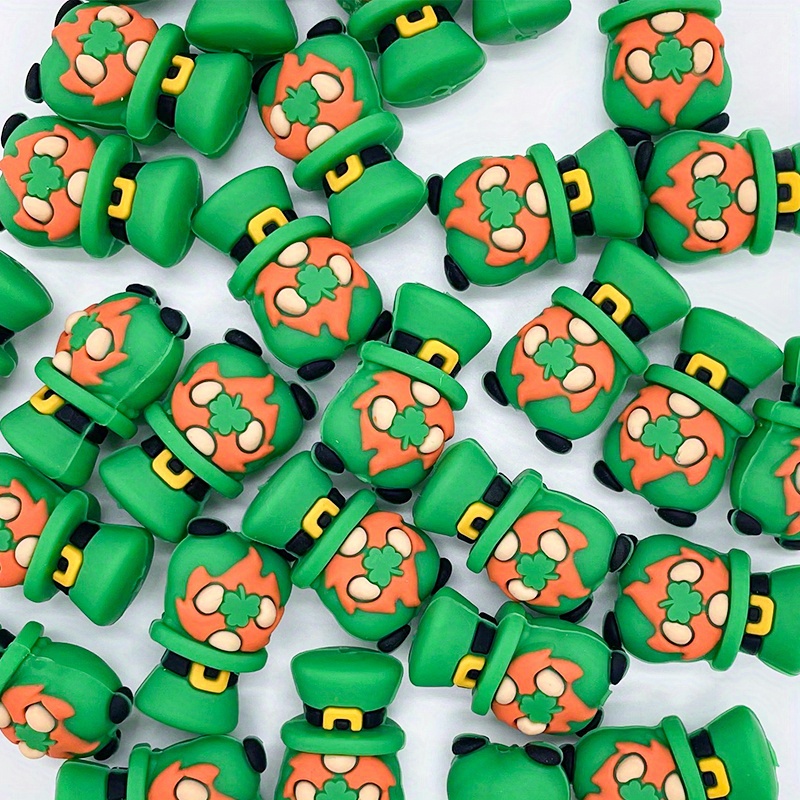 

5pcs 's Day Crafting Set - 3d Green Dwarf With Hat Silicone Beads, Shamrock & - Ideal For , Crochet Projects & Festival Gifts, Rubber Loose Spacer, Bead Assortments,