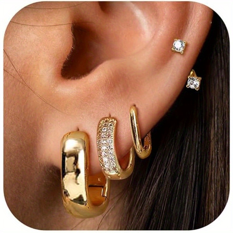 Image of 4pairs Small Chunky Golden Hoop Earrings For Women Trendy - 14k Golden Plated Huggie Hoops Earring Set Thick Jewelry Hypoallergenic Earrings For Sensitive Ears