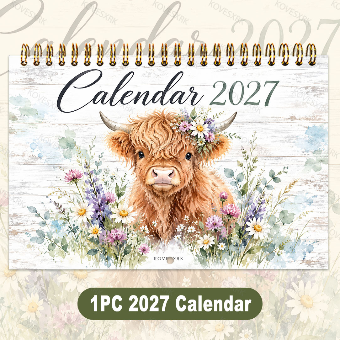 TEMU 1pc | 2027 Wall Calendar | Cute Highland Cow Inspirational Theme | Fresh Watercolor Floral Country Style | 12 Months Quotes & Notes | 8.3x5.5
