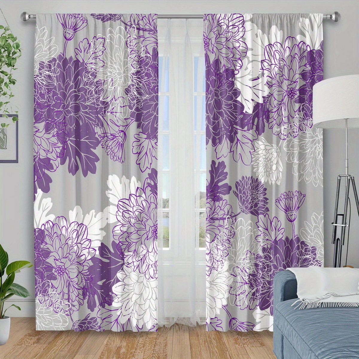 TEMU 2pcs Curtain Fabrics Elegant Purple And White Chrysanthemum Floral Print Curtainsinsulation Blackout Curtains For Bedroom Kitchen Bedroom Living