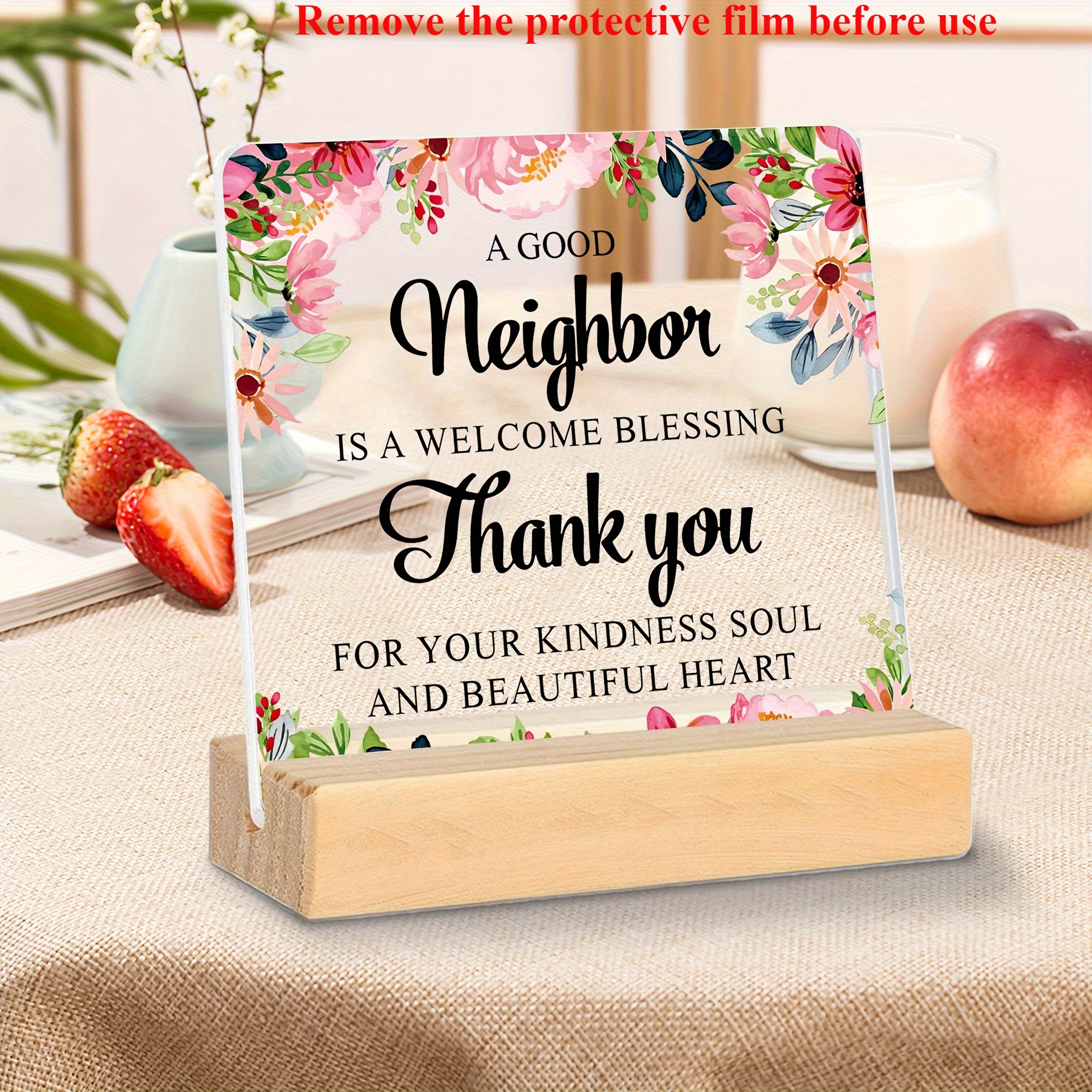 TEMU 2d Flat, 1pc Acrylic Neighbor Thank You Gift With Wooden Base - Contemporary Desktop Decor For Housewarming, Appreciation Gifts, Home & Party