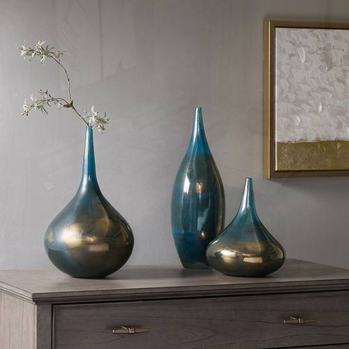 blue and bronze decorative glass vases 3pcs set