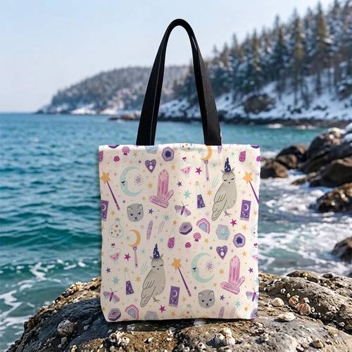 item picture 1pc 2d flat unisex crossbody bag handbag tote bag and print tote with star moon and magic wand elements purple design suitable for halloween themed parties and daily