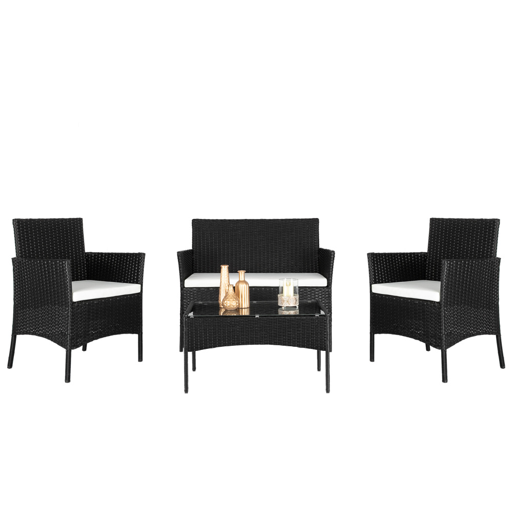 E-shop Vollgewebtes Sofa-Set aus Vier Teilen (Doppelsofa + Zwei Einzelsessel + Couchtisch) Schwarz, handgefertigt, verstärkte Polsterung, für Balkon,