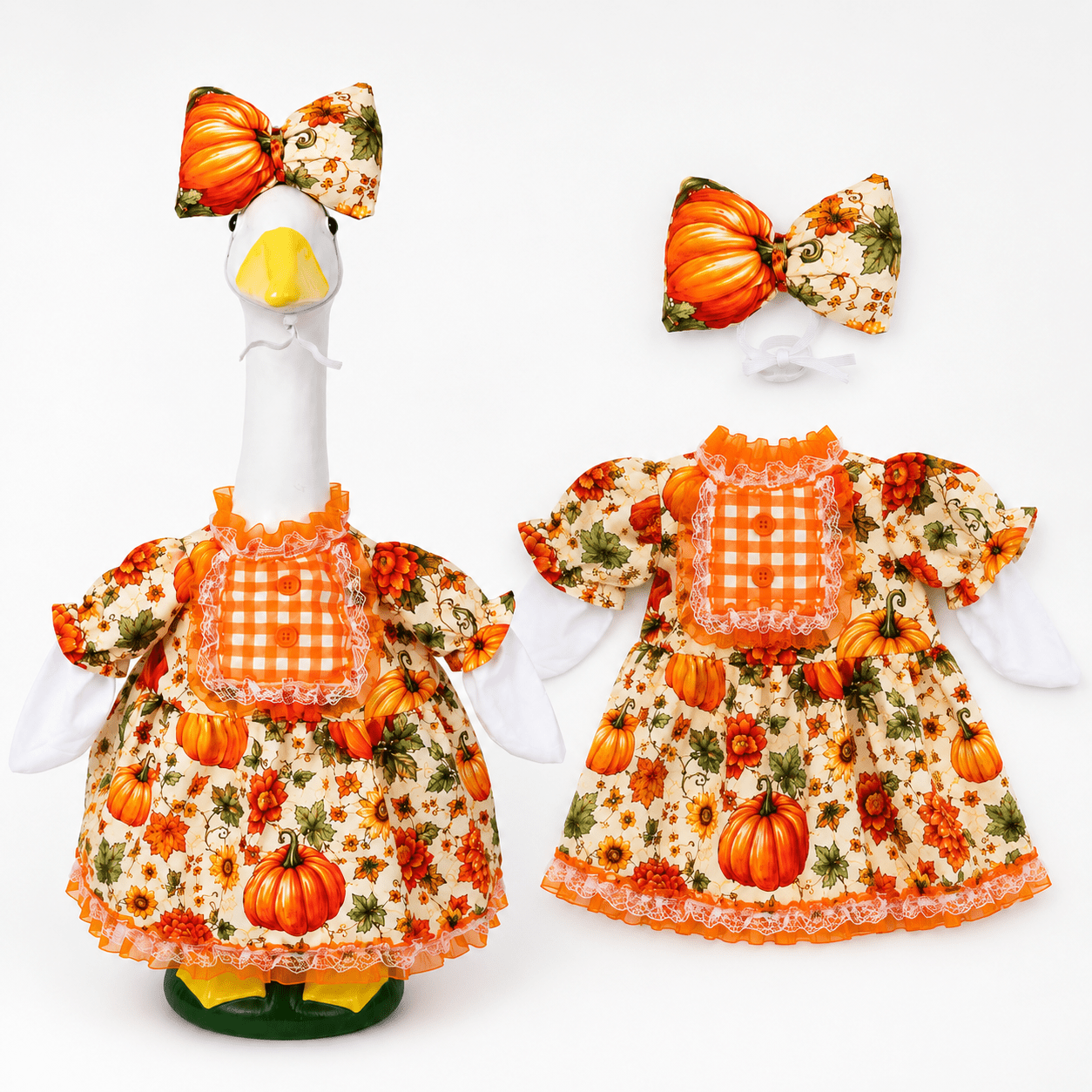 TEMU Tenue d'oie pour Thanksgiving 23 pouces, robe de costume d'oie de porche automnale à motif floral de citrouille, tenue à carreaux vichy avec