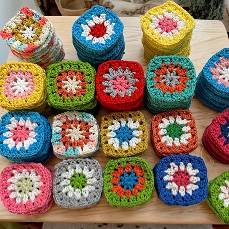 TEMU 55 pièces Blocs de Crochet Main Couleurs Aléatoires Adaptés aux Loisirs Créatifs - Carrés de Laine Florale Multicolore avec Cadres Carrés Creux,