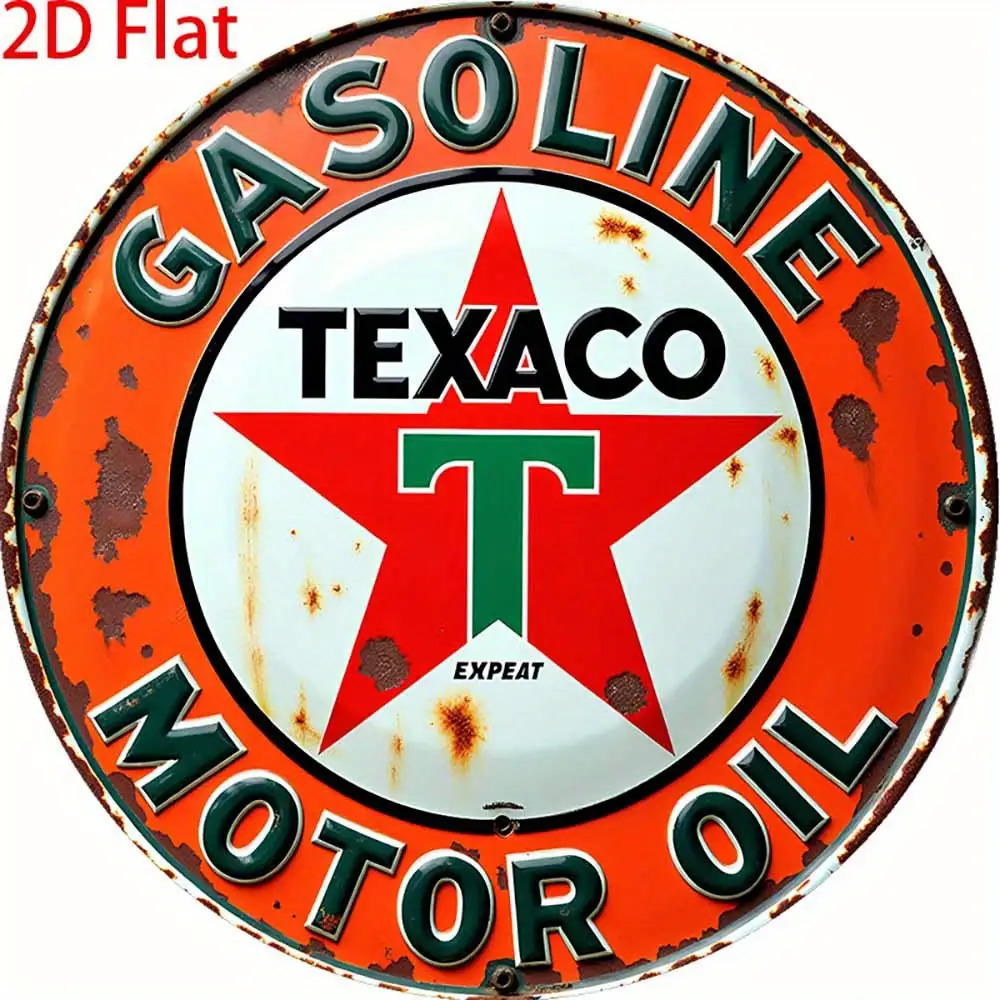 E-shop 2D Flat - Vintage Texaco Benzin Metallschild - 20.32X20.32 Cm Runde Aluminium Wandkunst, Retro Deko, Geeignet für Zuhause, Küche, Bar, Café,