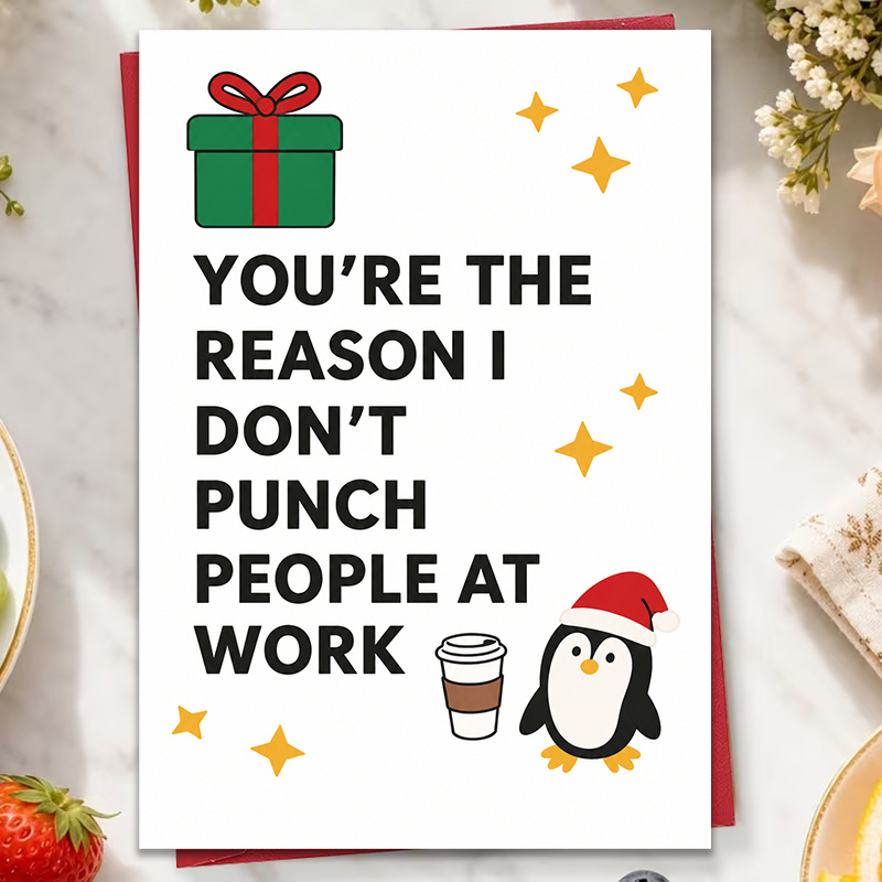TEMU 1pc Colleague Christmas Thank You Card 't Punch Work, Penguin, Coffee And Gift Humorous Design, Suitable For Office Colleagues' Holiday Gift,