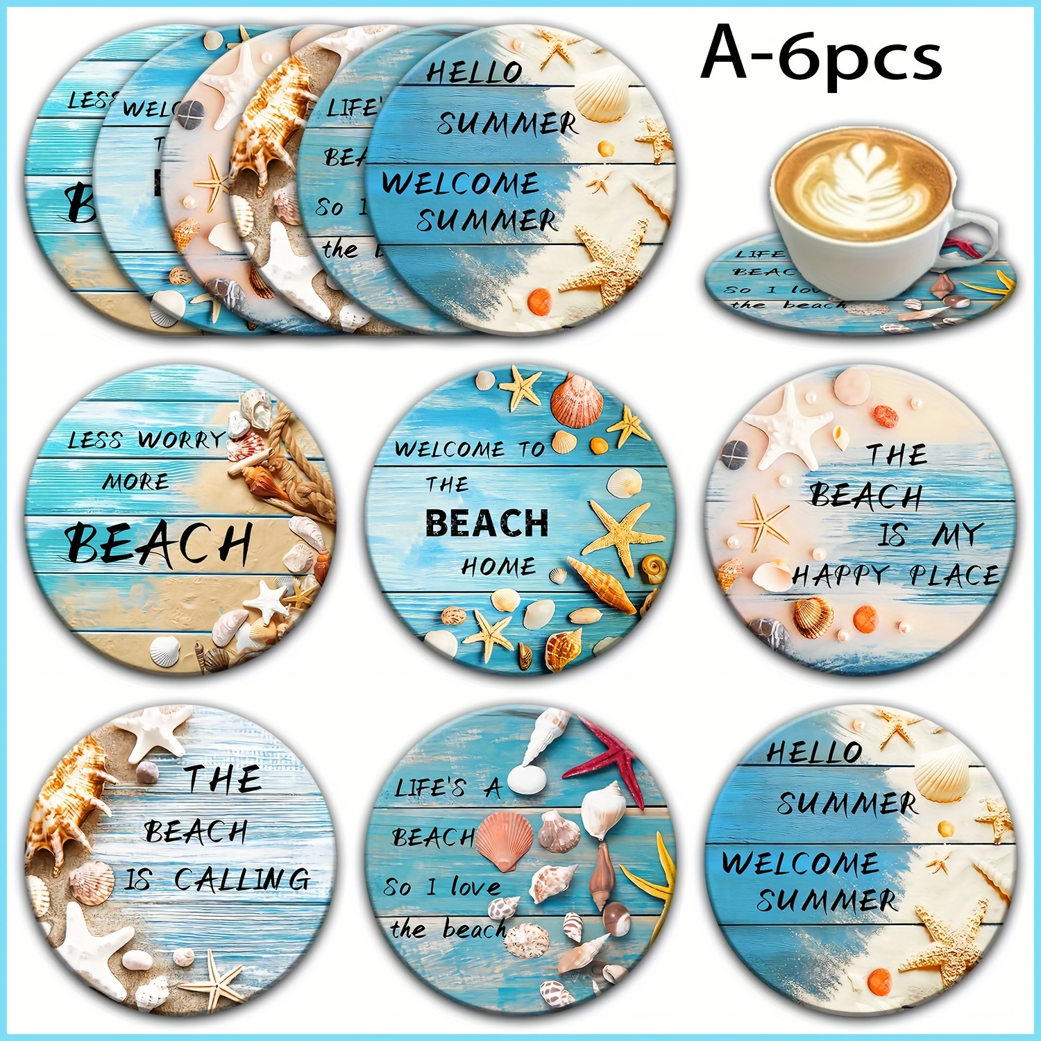 TEMU 6pcs Set Of Seaside Scenery Pattern Practical Wooden Coaster Placemats, Round Wooden Mats For Gifting, Decorating The Living Room, Family