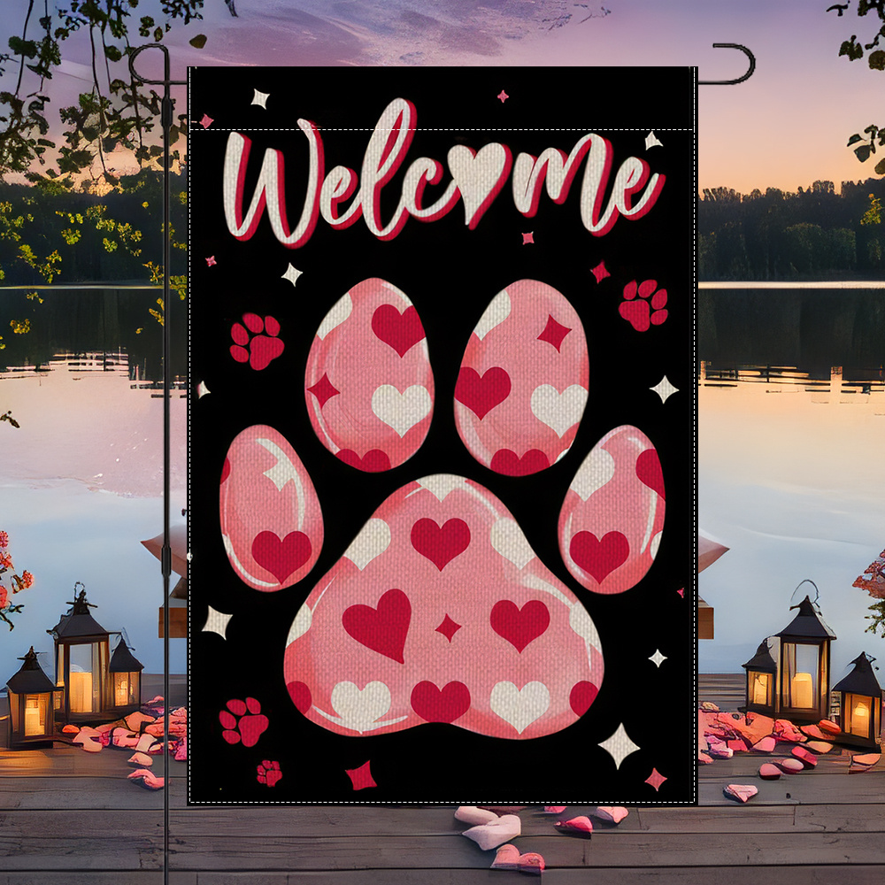 

1pc Valentine's Day Polyester Flag With Double-sided Paw Print, 12x18in, Home & Outdoor Party Decoration, No Flagpole Included