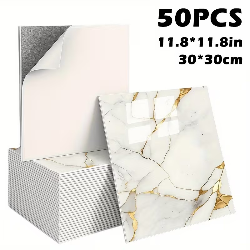 50pcs/100pcs Marble Wall Panels Suitable For Old Ceramic Tile Covering, Removable Wallpaper Tiles, 11.8x11.8in 1.5mm Thick Pet Imitation Stone Texture, Direct Application Over /stains For Renovation