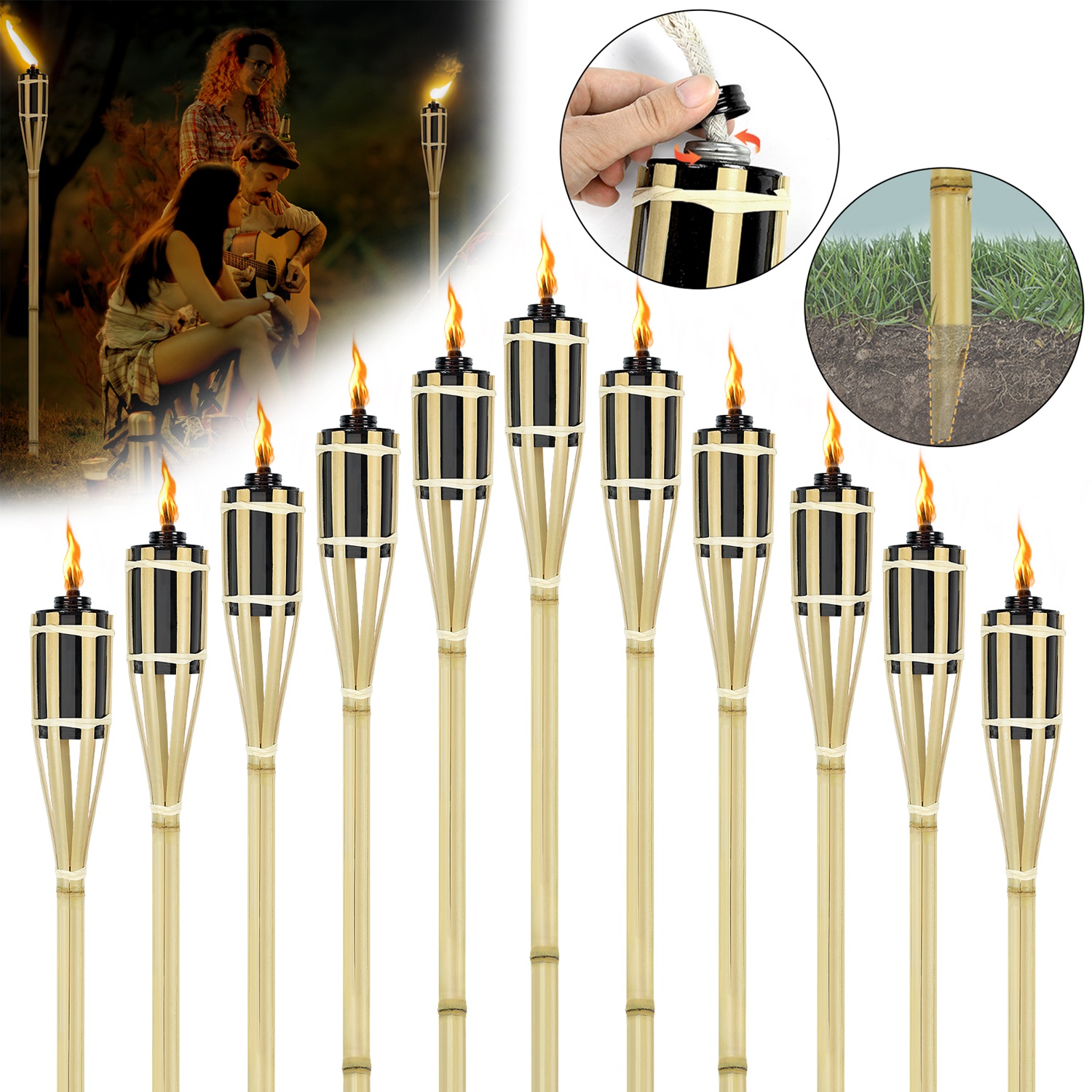 24pcs With Wick Bamboo Torches For Outdoors, Garden Torches Natural, 90cm Height, Garden Decoration, Garden Flame Torch