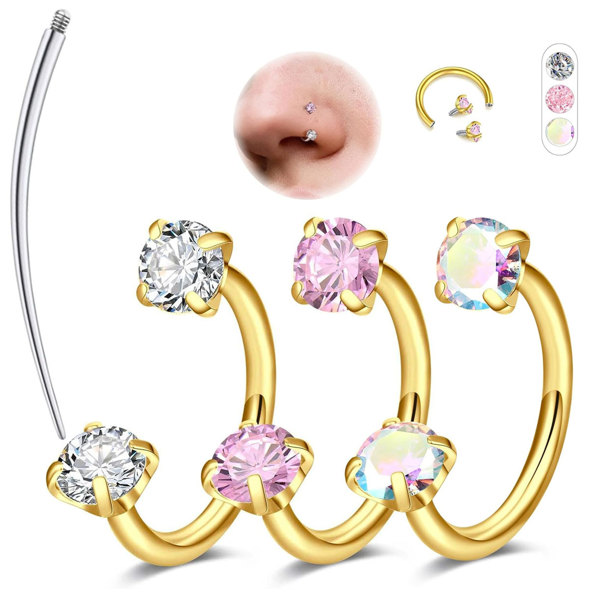 TEMU 4pcs Sets 16g Horseshoe Nose Rings For Men Women, 8mm Horseshoe Piercing Jewelry Set Golden & Silvery, Double Gem Horse Shoe Nose Rings Hoops