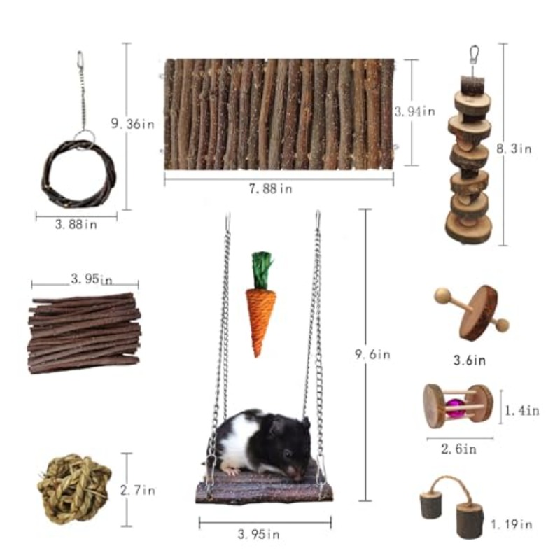 10pcs Rabbit Toys Guinea Pig Toys And Additions for Cage Food Hay Apple Sticks Treats And Chews Rattan Ball Swing Wheel Ramp Hideout Wood Bed Supplies Play Set