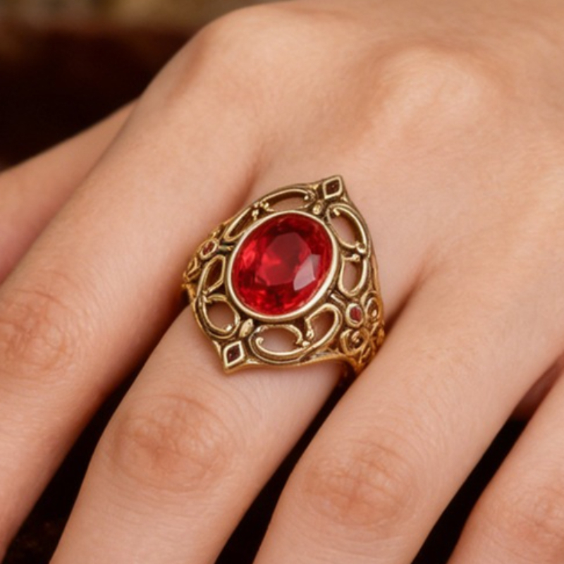 Women's Retro Gothic Inlay Red Zirconia Floral Ring, Statement Piece