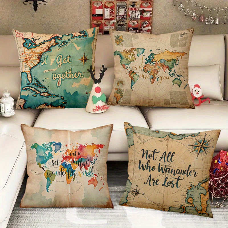 4pcs Short Plush Throw Pillow Covers cm Not Are Lost  Inspirational Quotes Map Compass Designs, Zipper