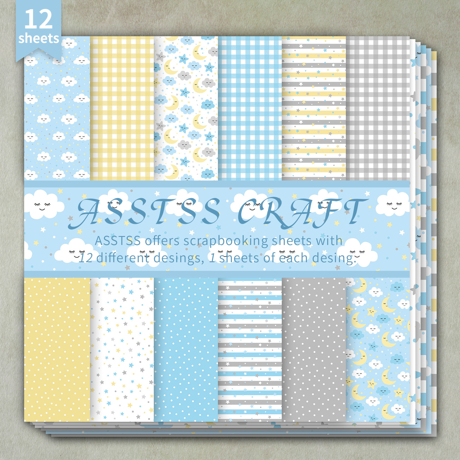 TEMU 12-sheet Asstss Inches Scrapbooking Paper Pad, Blue And Yellow Cloud Moon Star Pattern Baby Backing Paper Supplies, Heavyweight Cardstock For