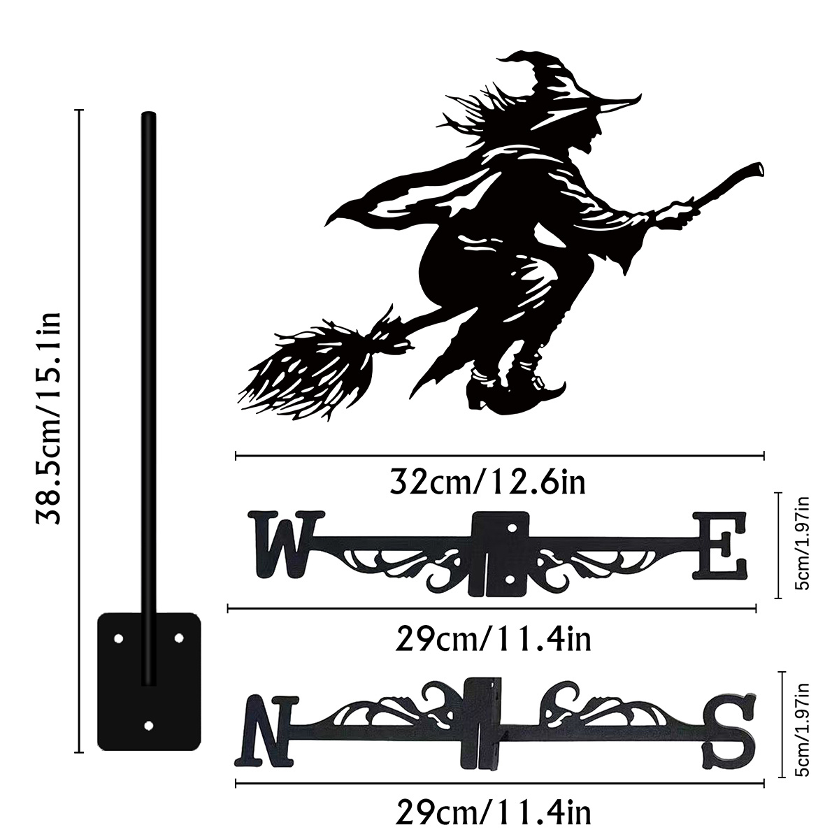 TEMU 1pc Of Riding A Broom Iron Weathervane -- Iron Wind Indicator With Flying Broom Pattern, Suitable For Outdoor / Multi-holiday Decoration,