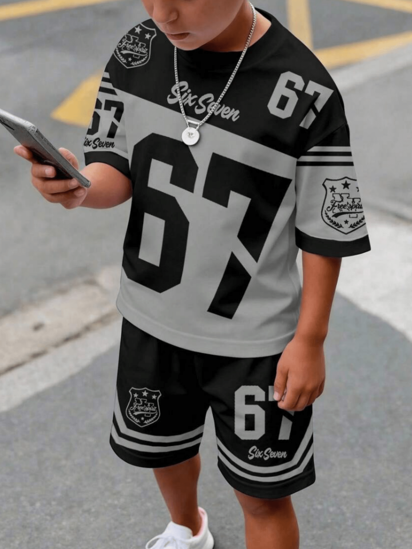 2pcs set casual comfortable minimalist round neck short sleeved t shirt and shorts set style 67 featuring   and stylish patterns suitable for children   for outdoor