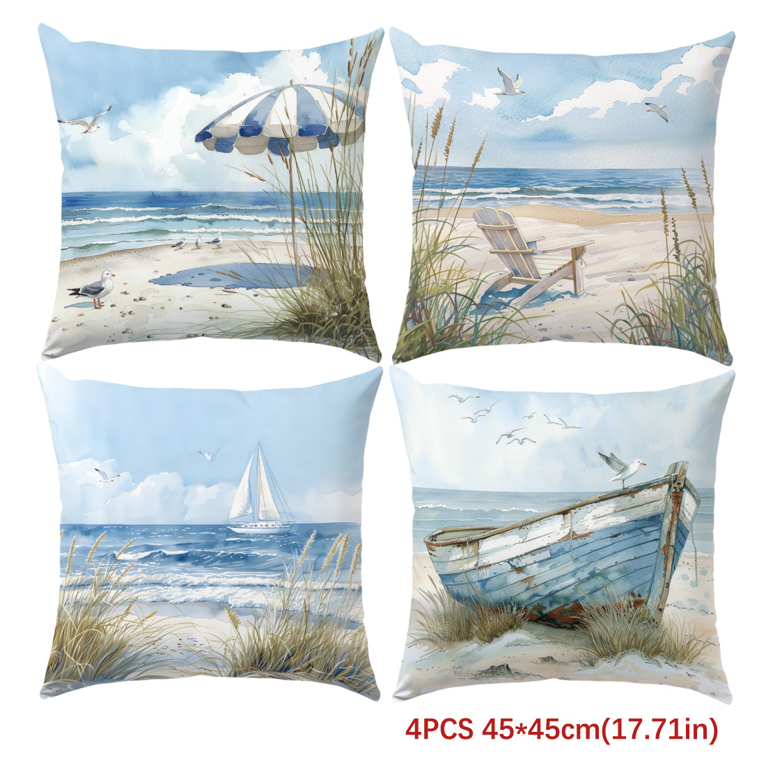 E-shop 4er-Set einseitig bedruckte Kissenbezüge, Sommer Aquarell Strand Möwen Muster Kissenbezüge, Home Decor Kissenbezüge für Wohnzimmer Sofa