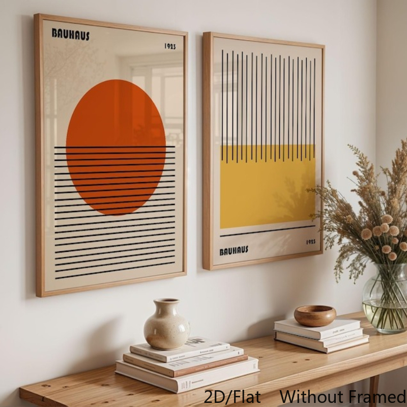 2d flat, 2d flat, 2d/flat 2er set bauhaus drucke leinwandkunst,   wanddeko, ausstellungsplakate, geometrische linienkunst,  -century modern, abstrakte orangefarbene dekoration, ungerahmt