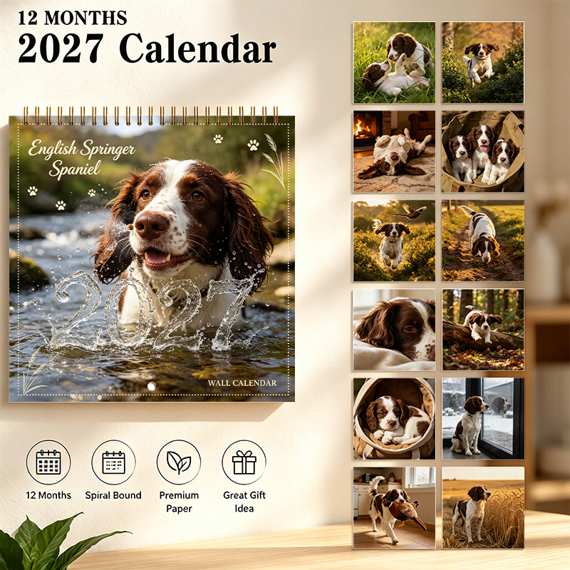 TEMU 1pc 2027 English Spaniel Wall Calendar 8.27x8.27 Inches Spiral Bound With Thick Coated Paper Refreshing Stream?side Spaniel Photography Design