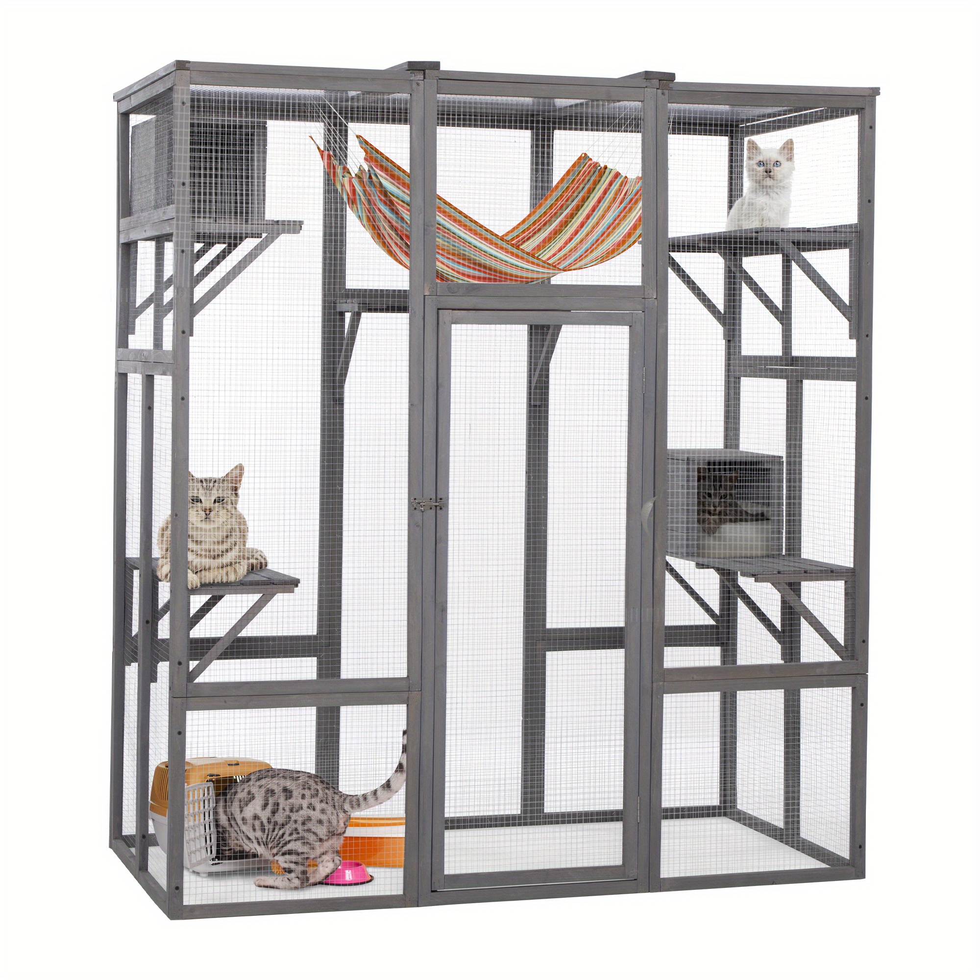 TEMU Extra-large Gray Cat Condo With Sunroof - Durable Fir Wood Frame, 5 Play Platforms & 2 Cozy Hideouts For Multiple Cats