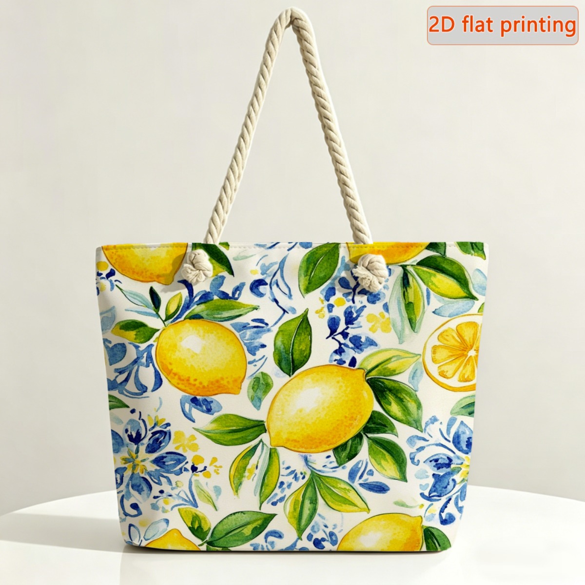 TEMU 1pc 2d Flat Fruit Printed Beach Bag, Double Comfortable Handles And Removable Strap, Zipper Closure, Suitable For Casual , Shopping, Beach
