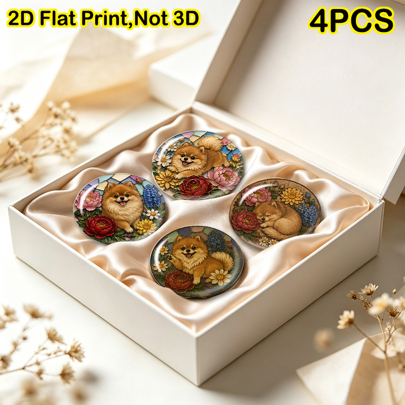 TEMU 4pcs Stained Glass Pomeranian Dog & Floral Magnets - Round Glass Refrigerator Magnets Suitable For Kitchen Fridge, Office Desk, Bedroom Wall