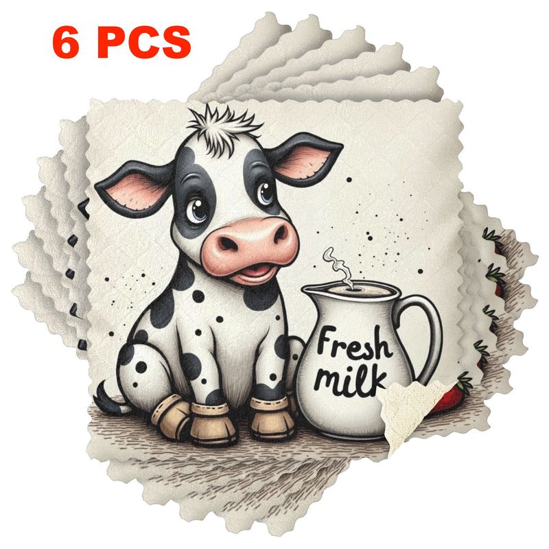 Image of 3/6-pack Cartoon Cow Pattern Reusable Kitchen Dish Cloths, Super Absorbent Microfiber Cleaning Towels, Thick Fleece Travel Washcloths For Home And Restaurant Decor