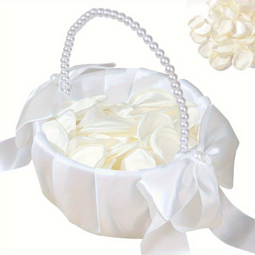 TEMU Wedding Basket With Cute Pearl Handle Bowknot Satin Flower Baskets For Wedding Ceremony -ivory For School Halloween Halloween, Christmas
