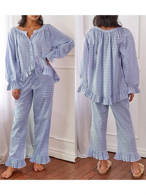 women pajama set scoop neck long sleeve button up long pants loungewear outfit