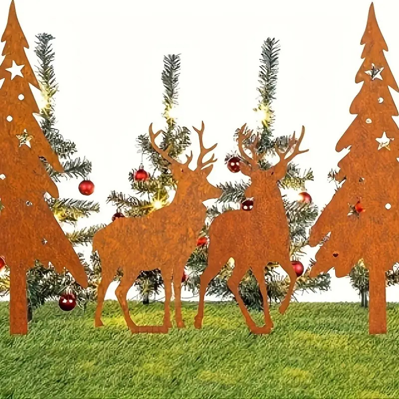 TEMU 2d Flat, [2d Flat] 2d Flat 4pcs Reindeer And Christmas Tree Garden Stakes - 4pcs Acrylic Reindeer And Christmas Tree Garden Stakes - Rustic