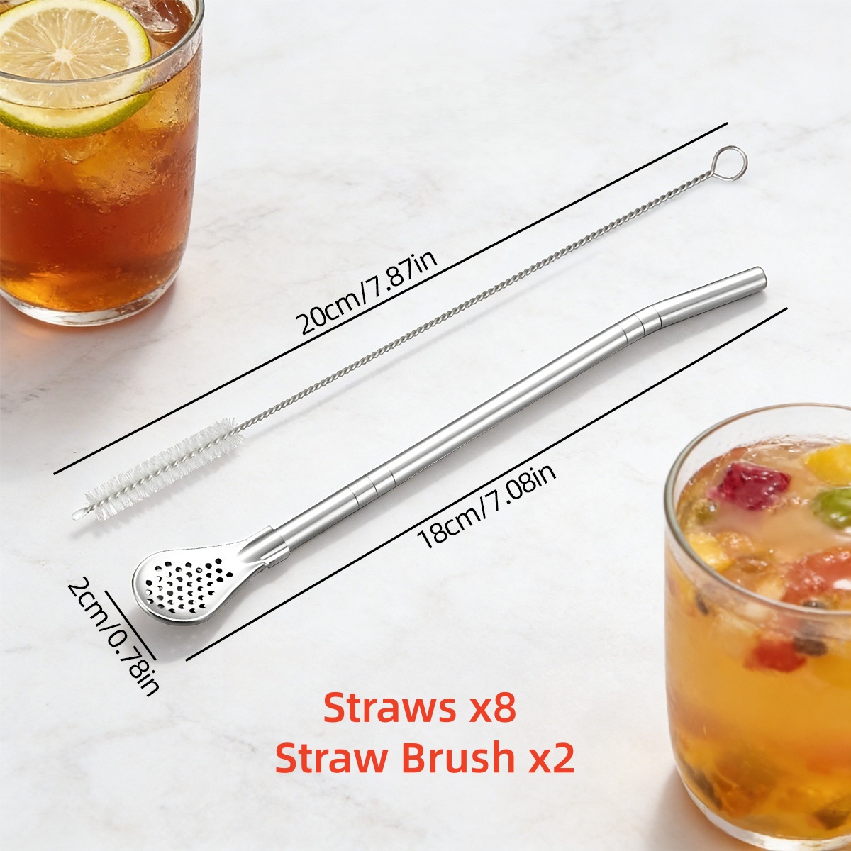 E-shop VFVHOME 10er Set Edelstahl Strohhalm Löffel, Edelstahl Metall Filter Strohhalm Löffel, mit Reinigungsbürste - Abnehmbar und Wiederverwendbar,
