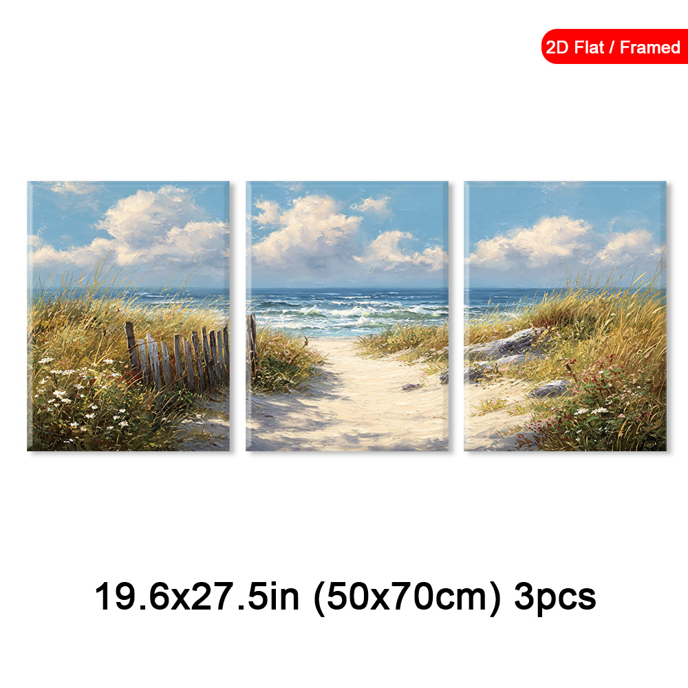 TEMU 2d Flat, 2d Flat, Set Of 3 Framed Wall Art Featuring A Path, Canvas Paintings Of , Beach Scene Artwork, Coastal Landscape Prints For Decoration,