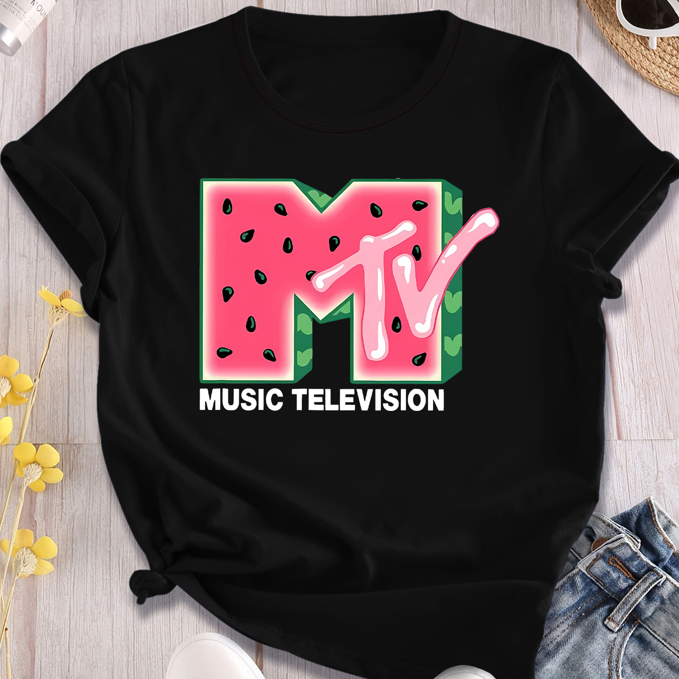 

Watermelon , Mtv Letter Print Crewneck T-shirt, Top, Women's Wear