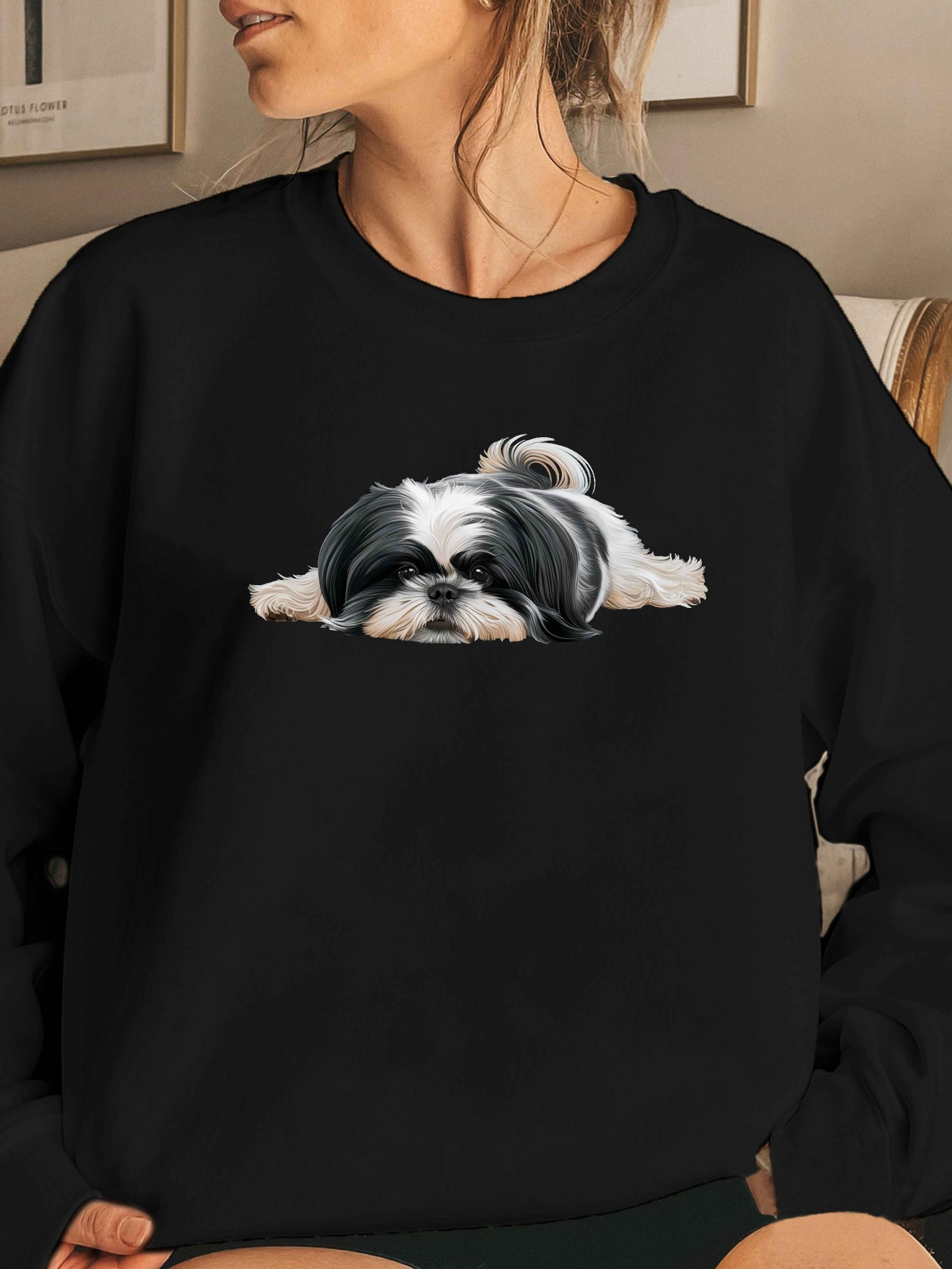 moletom casual feminino com estampa de cão shih tzu pulôver Temu