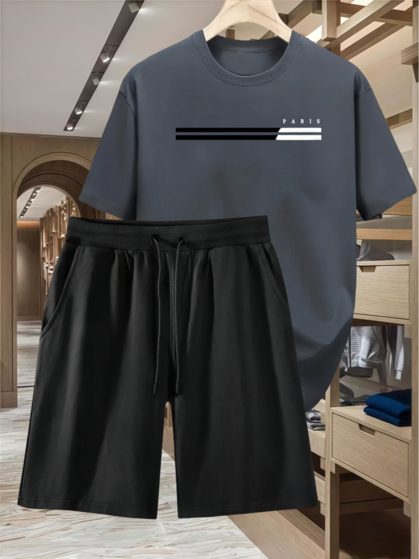 Two-Piece Casual Sports Set Featuring a Loose-Fitting Round-Neck Digital Print T-Shirt And Drawstring Shorts, Suitable for Both Men And Women, Perfect for Summer Beach Activities.