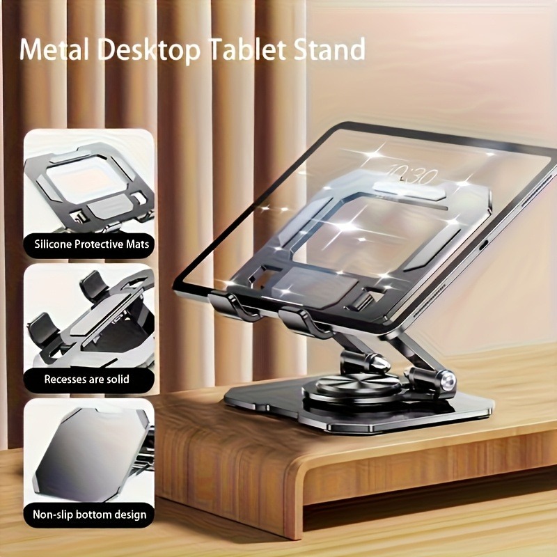 Image of Foldable 360° Rotating Tablet Stand, Height And Angle Adjustable Metal Phone Holder, Hollow Heat Dissipation Anti-slip Desktop Bracket For Ipad, All Smartphones And Tablets