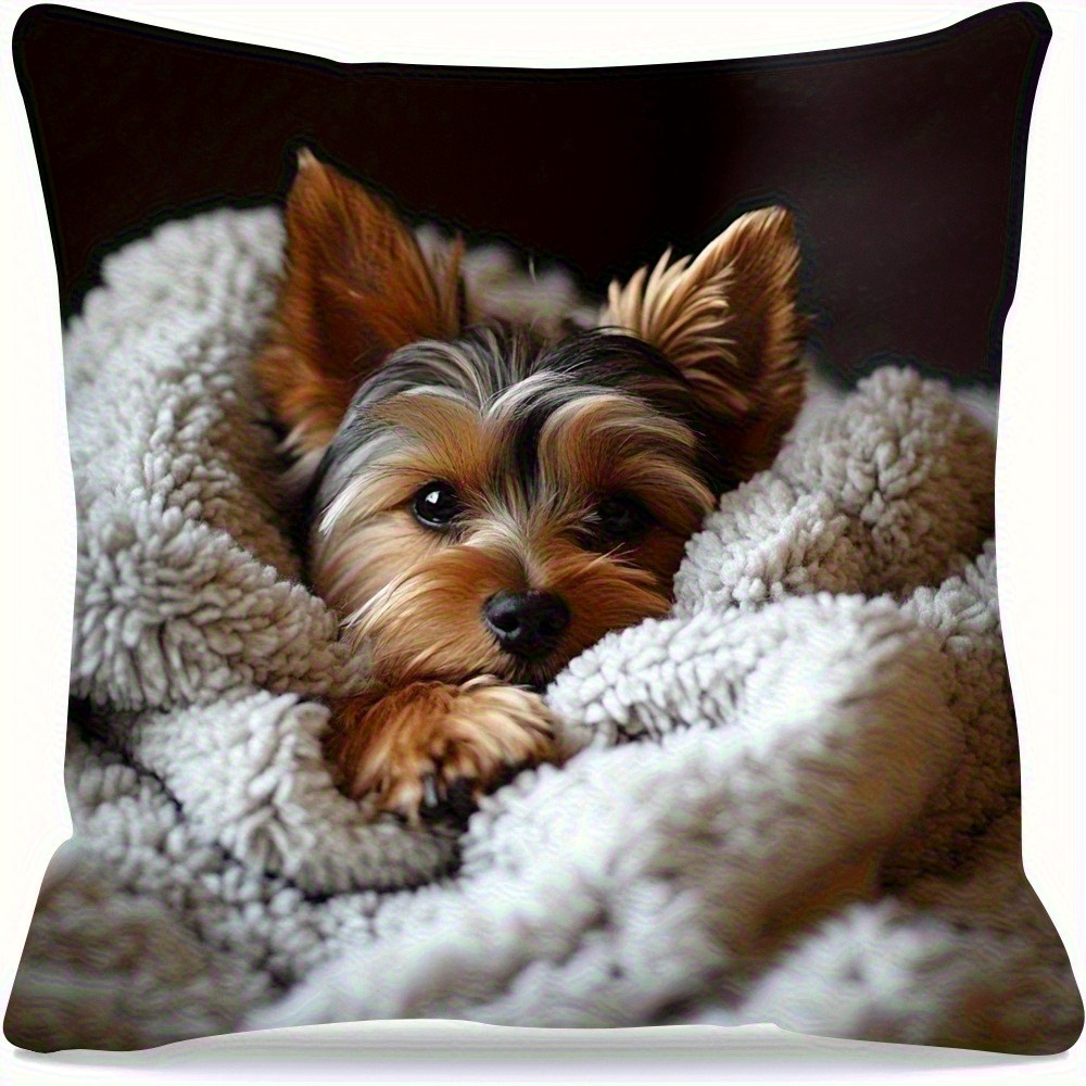TEMU 1pc Housse de Coussin en Peluche Imprimé Yorkshire Terrier - Design Couverture Confortable 18x18 Pouces, Douce sur un Côté, Lavable en Machine