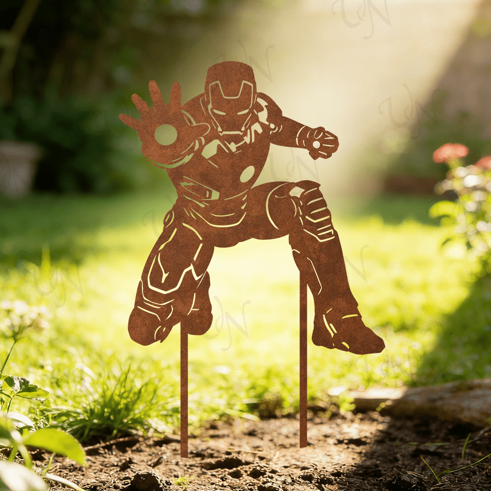 E-shop [2D Flach] MARVEL Iron Man Vintage Metall Gartendekoration für Blumentöpfe, Rasen, Balkone & Hinterhöfe - Eisenfigur für Iron Man,