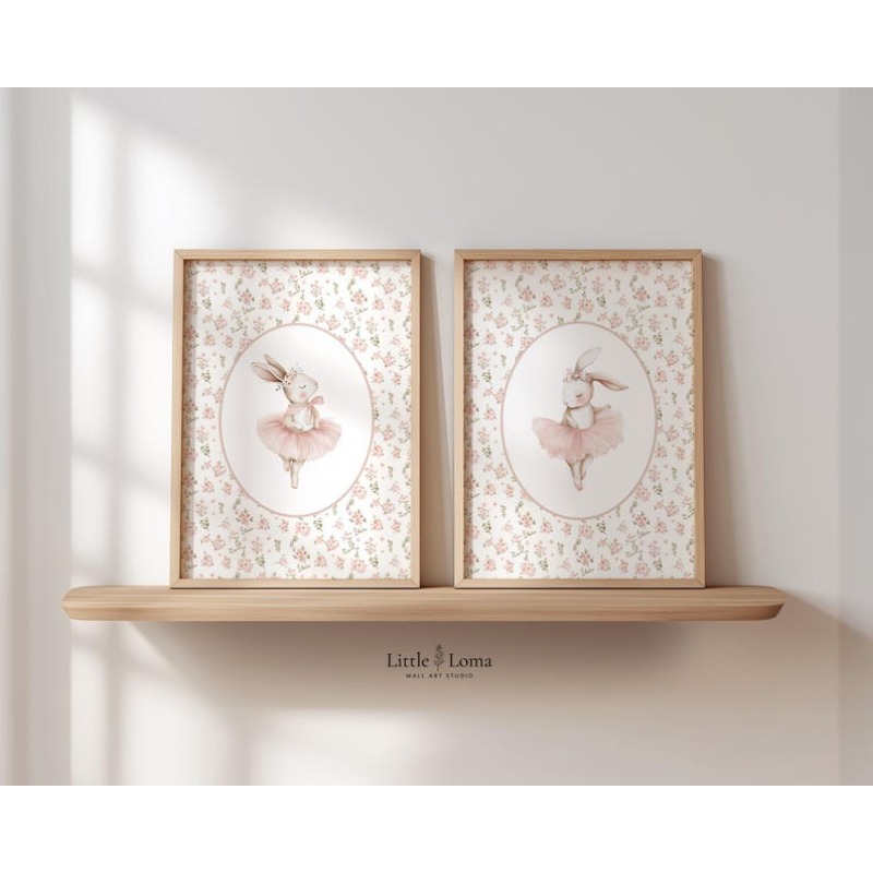 TEMU 2D Plat, 2D Plat, (Affiche sur Toile Cadre) Ensemble de 2 de Lapin de Ballet - Tutu Rose et Art Mural Floral pour Chambre d'Enfant,