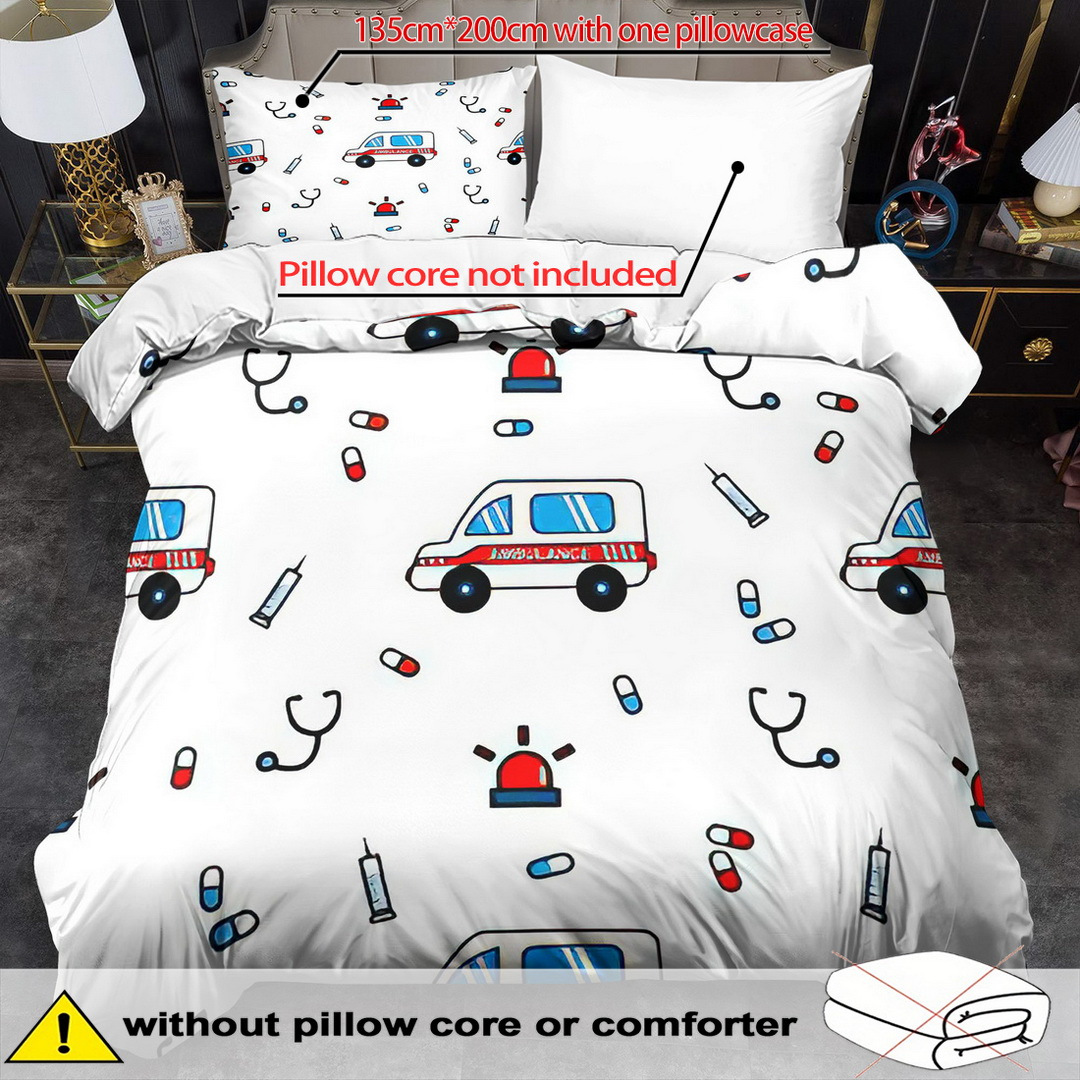 E-shop Bettbezug-Set mit Krankenwagen-Motiv – 2/3-teilig, weich, bequem atmungsaktiv, Bettwäsche mit Cartoon-Auto-Druck, Bettbezug-Set mit