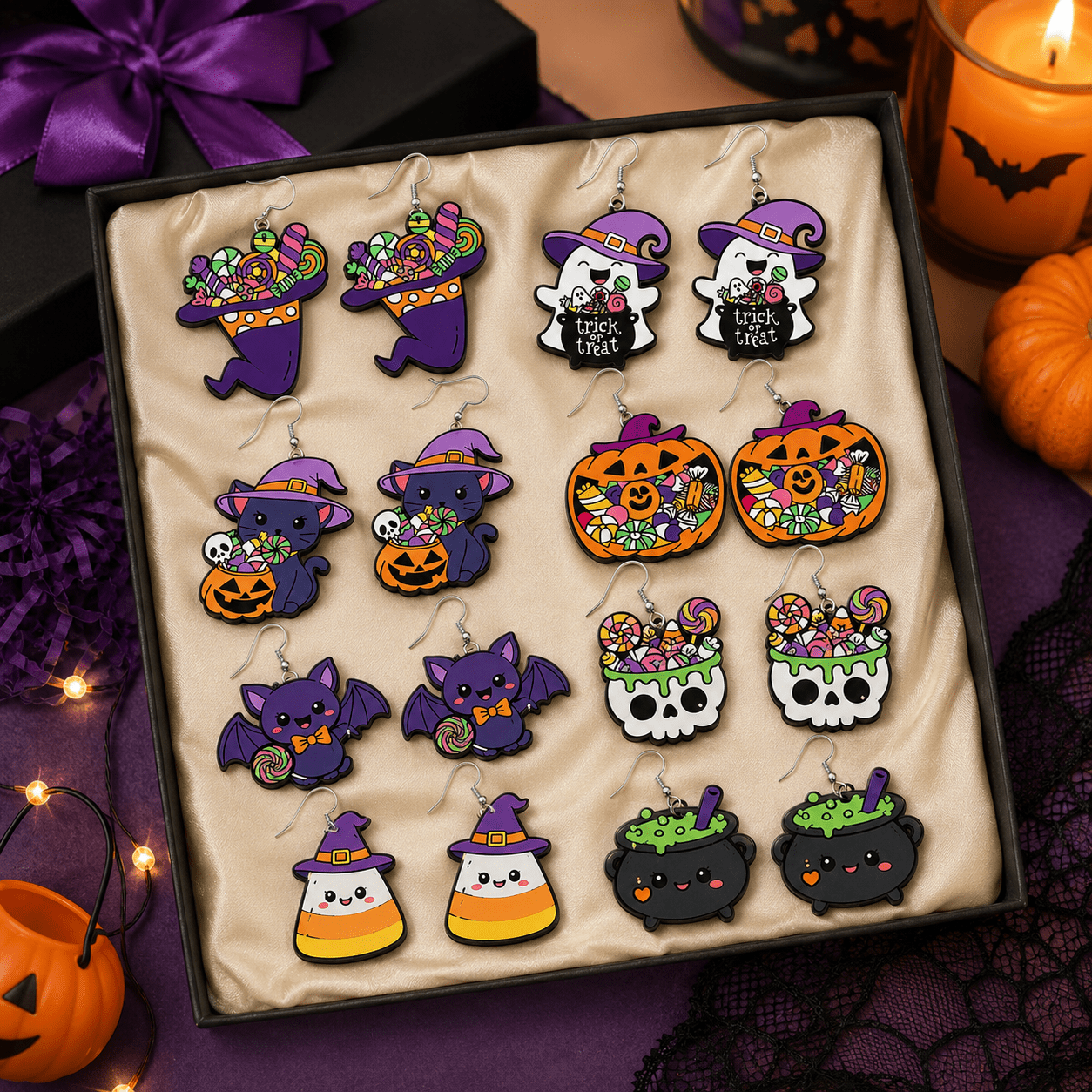 TEMU 16pcs/8-pair Women's Halloween Earring Set, Cute Cartoon Dangle Earrings, Fun Holiday Accessories, Suitable For Daily Wear, Parties, And Holiday